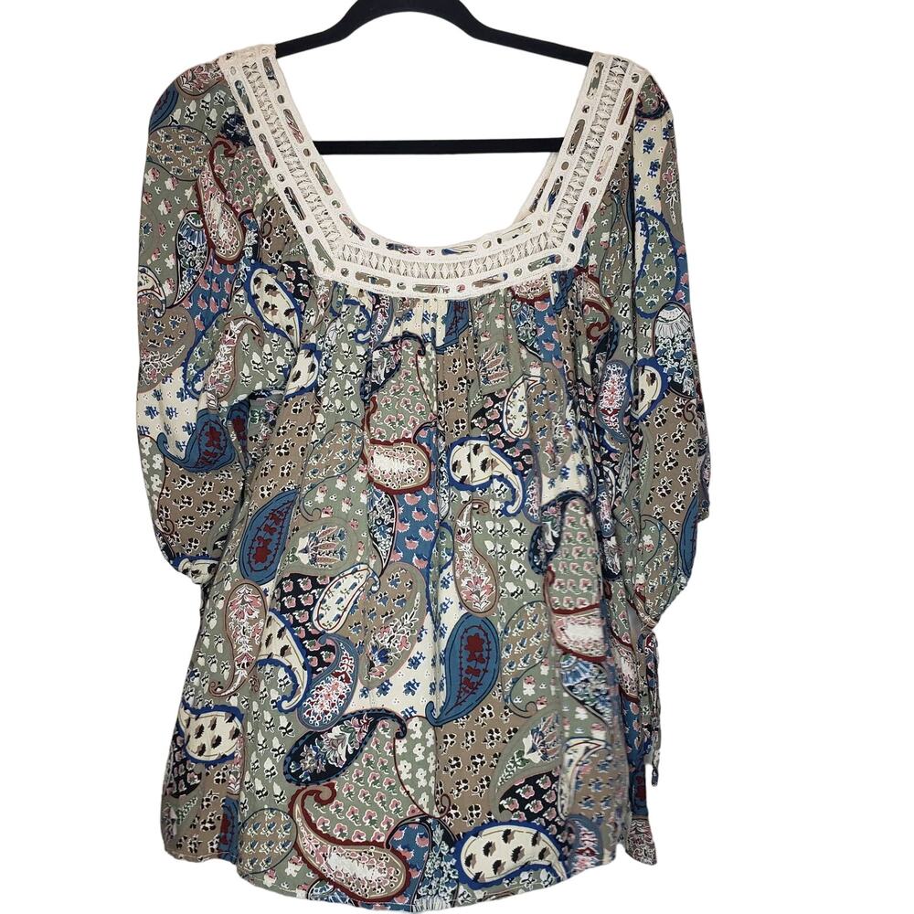 Kori America medium boho paisley square neck crochet blouse 3/4 tie sleeves
